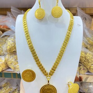 European Dubai New 24K Gold Plated Necklace Earrings and Rings for Women’s Romantic Wedding Mother Jewelry Set YY10560