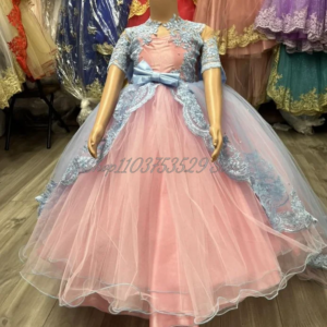Blue and Pink Modern Flower Girl Dresses Custom Half Sleeve Appliqued O Neck Oversized Bow Trim Ruffled Ruffle Mini Quinceanera