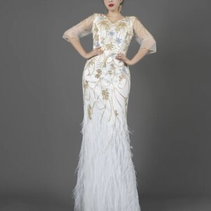 Embroidery White Evening Dress For Women With Feather Design Tulle Sleeve Mermaid Gown For Boutique Wedding M224
