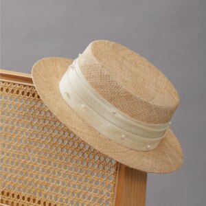 Hat women’s new summer grass flat holiday pearl hemp yarn