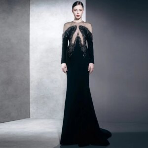 Concert Costumes Luxury Black Jersey Beading Rhinestone Bespoke Occasion Gown Straight Jewel 2025 Long Beaded Evening Gowns