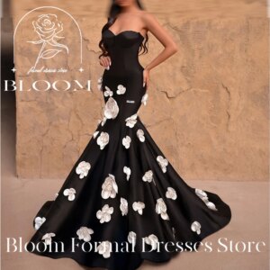 Bloom Customized Off Shoulder Sheath Watteau Train 3D Flowers Sweetheart Contrast Color Mermaid Ladies Gowns For Special Woman