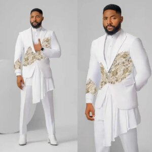 Gorgeous Wedding Tuxedos Appliques Beaded Men Suit Peaked Lapel 2 Piece Set Jacket Pants Groom Business Blazers Customized