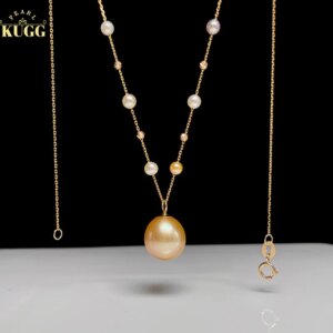 KUGG PEARL 18K Yellow Gold Necklace Luxury 3+10mm Natural South Sea Gold and Akoya Pearl Necklace Women High Wedding Jewelry