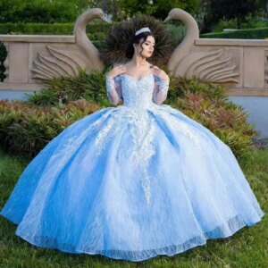 Sky Blue Ball Gown Mexican Quinceanera Dress 2025 Long Sleeves Lace Princess Sweet 16 Dress XV Birthday Prom Vestidos De 15 Años