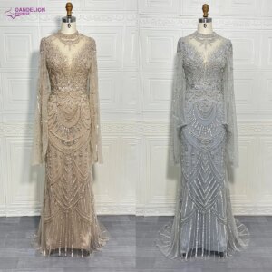 Dubai Gray Elegant Mermaid Beaded Lace Arabic Luxury Evening Dresses Cape Sleeves High-Neck Gowns 2024 For Women Wedding Party