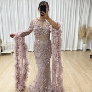 MYMB new Luxury Pink Caramel Beaded Mermaid Evening Dress with Feather Cuffs for Women Formal Occasion Customize MB40389