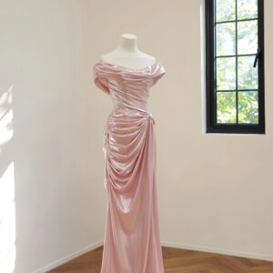 Pink Evening Dresses Strap Satin Bow Pleated Trailing Wedding Host Party Woman Prom Birthday Party Woman Banquet Dress New