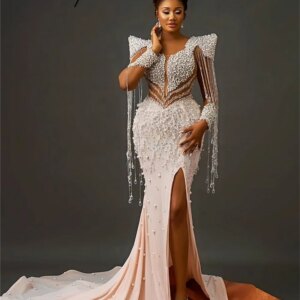 Split Side Evening Dresses Kaftans African Beading Long Tassel Wedding Party Dress Customized Cocktail Dresses Vestidos De Noche