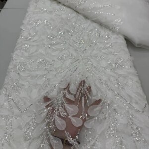 2025 African Lace Fabric White Luxury Nigerian Sequins Handmade Beads French Tulle Lace Fabric For Party Wedding Dress 5 Yards