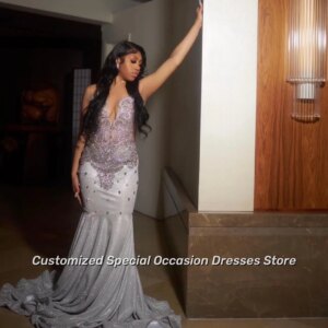 Sparkle Sequin Silver Prom Dresses For Black Girls 2025 Sleeveless Crystals Beaded Party Dress Women Luxury Customized Vestidos