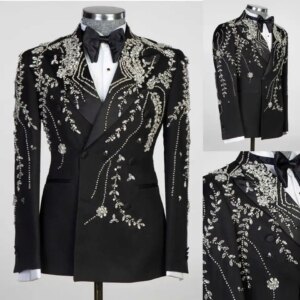 Luxury Beads Men Tuxedos 2 Pieces Crystal Double Breasted Prom Wedding Party Groom Wear Birthday Photography Customized Formal