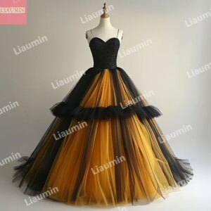 Custom Made Yellow And Black Tulle Ball Gown Spaghetti Strap Prom Dress Lace Up Back Evening Formal Party Customized W15-52.13
