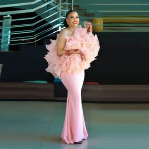 Exquisite Pink Mermaid Prom Dresses Ruffles One Shoulder robes Women Formal Evening Gowns Birthday Party Dress