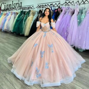 Pink 3D Butterfly Quinceanera Dresses Ball Gown Illusion Off The Shoulder Customized Corset Vestidos De XV Anos