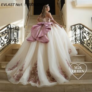 EVLAST Customized Beige Ball Gown Quinceanera Dress Pink Lace Applique Beading Bow Corset Sweet 16 Vestidos De 15 Anos E1Q828