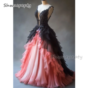 Vintage Black And Pink Ruffle Prom Dress Tiered Tulle A-Line Long Evening Gown Straps Sleeveless Formal Dress Customized