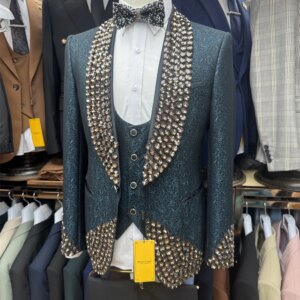 Peacock Jacquard 3 Pieces Suit Set for Men Crystals Embellished Luxury Wedding Groom Tuxedo Suit Blazer Vest Pants Set In Stock