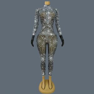 Women Full Rhinestones Sparkly Jumpsuit Luxury Black Sheer Mesh Party Sexy Outfit Stage Show Tight Fitting Jumpsuit Waixingren