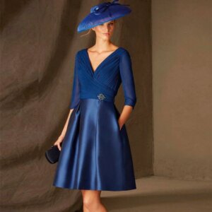 Dark Navy Satin Mother of the Bride Dresses V Neck Wedding Guest Gowns for Women With Pocket Knee Length Evening Dress