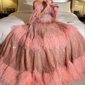 BABYONLINE Customzied Eveing Dresses Pink Lehenga Sleeve Feather All Over Sequin Cutdana Crystal Embroidery Princess Gown Ball