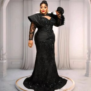 2025 Appliques Luxury Long Sleeve Evening Gown Plus Size Evening Dresses Feathers Vestido De Festa Mermaid Evening Dress Ostrich