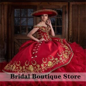 New Arrival Mexi Red Ball Gown Quinceanera Dresses Bow Sweet 16 Dress Golden Embroidery Ruffle Vestidos De Xv Años Customized