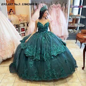 EVLAST Customized Shiny Dark Green Quinceanera Dress Ball Gown Lace Applique Beading Tiered Sweet 16 Vestido De 15 Anos E3Q480