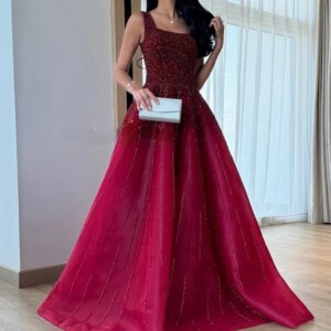 customizedCustomized A-Line Organza Square Collar Evening Dress with Sparkly Sequined Crystal Lace Up Back Sweep Train Party Dre