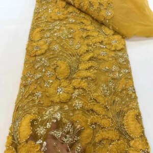 African Lace Fabric 2025 High Quality French 3D Flower Sequins Embroidery Beads Tulle Lace Fabric for Party Dress