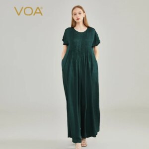 VOA Silk Jacquard 22 Momme Peacock Green O-neck Organ Pleated Side Pockets Casual Loose Wide Leg Jumpsuit Women KE1019