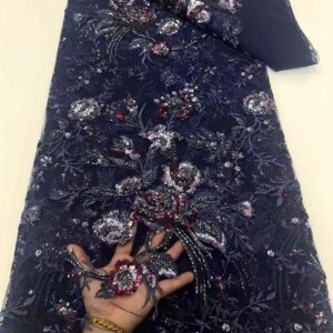 Luxury Bule Sequins Tube Beads Lace Fabric For Wedding 2025 New Design French African Tulle Mesh Lace For Evening Dress XC70HN