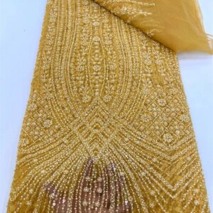 Yellow African Heavy Beaded Lace Fabric Nigerian Sequin Groom Lace Fabric Wedding Party Dress Sewing High Quality 5 Yards W583-1
