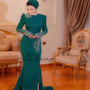 customized Mermaid Muslim Prom Gowns Women’s Long Sleeve O Neck Party Evening Gown Pleated Satin Beaded Crystal Floor Length For