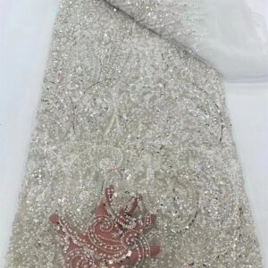 White Luxury African Sequin Lace Fabric 2025 High Quality French Nigerian Groom Beaded Lace Fabric for Sewing Party Dress Q418-1