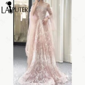 Shiny Pink Floral A line Prom Dresses Sequined Off Shoulder Ribbon Evening Dress Beading String Elegant Woman Celebrity Dress