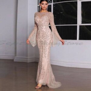 Gorgeous Evening Party Prom Dresses Popular Girls O Neck Long Sleeves Mermaid High Quality Floor Length Sweep Train Female Gowns