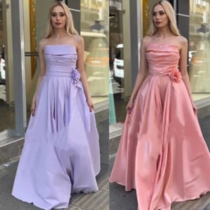 Customized Exquisite Jersey Flower Ruched A-line Strapless Long Dresses Prom Dresses High Quality Sexy Sparkle Sizes Available