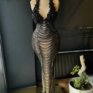 Special Design Black Beaded Evening Dress Halter Tassel Mermaid Formal Occasion Dress Floor Length African Woman Prom Party Robe