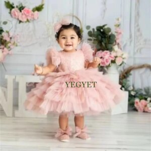 CustomizedTiered Tulle Knee Length Baby Girl Dress Glitter Sequined Tutu Infant First Birthday Party Gown Communion Dress