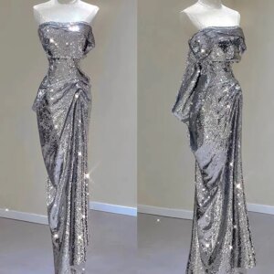 Silver Shiny Cocktail Dresses Strapless Ruched Sleeveless Mermaid Sequins Light Luxury Red Carpet Woman Evening Prom Party Gowns