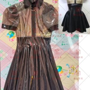 Latex gummi dress transparent black & black D ring puff sleeve 0.4mm