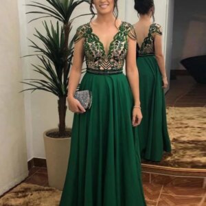 Sexy Deep V-neck Mother Of The Bride Dress For Wedding Sparkly Beads Prom Dress Customized Graceful Green A-line Evening Gown