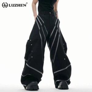 LUZHEN Reflect Light Stripe Patchwork Design Baggy Wide Leg Casual Pants Men’s 2025 High Quality Street Handsome Trousers JY1987