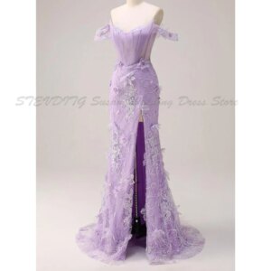Purple Strapless Sleeveless Prom Dresses Women Floor Length Fairy Vent Mermaid Court Train Custome Alliques Backless Female Gown