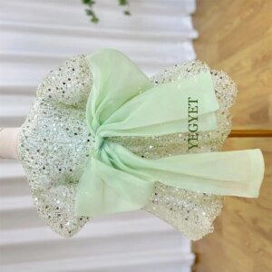 CustomizedDesigner Sage Green First Communion Dress | Luxury Silk Bow Princess Gown with Shiny Lace Trim for Wedding Pageant & B