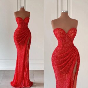 Modern Evening Dresses Sequins Strapless Prom Dress Side Split Sleeveless Mermaid Party Gowns Beading Vestidos De Noche