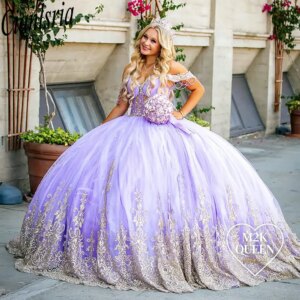 Lilac Off The Shoulder Pearls Beading Quinceanera Dresses Ball Gown Appliques Lace Sweet 15 Años Mexican Customized