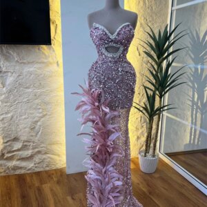 Feathers Celebrity Dresses 2024 Couture Crystal Sequined Mermaid Prom Dresses Arabic Evening Gowns Aso Ebi Wedding Party Dress