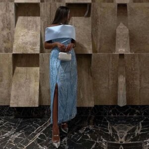 5Florine Strapless Club Sky Blue Cocktail Lace Formal Slit Skirt Evening Party Lady Gown Women Prom Dress